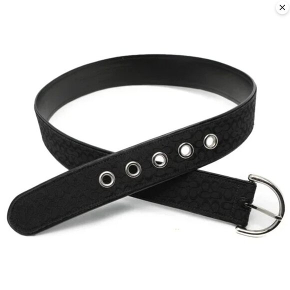 Coach Signature Jacquard Black Canvas Leather Belt Classic Monogram Silver K8 - Picture 3 of 16